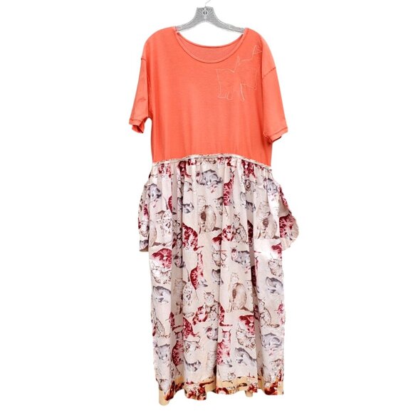 Vintage 80s Cat Dress Plus Size Cotton Kitten Print Short Sleeves Pockets XL 1X - Picture 8 of 10